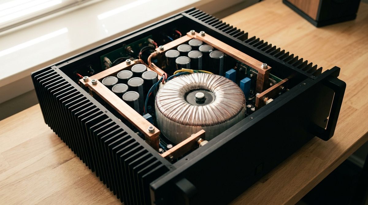 Interieur van een hoogwaardige audioversterker